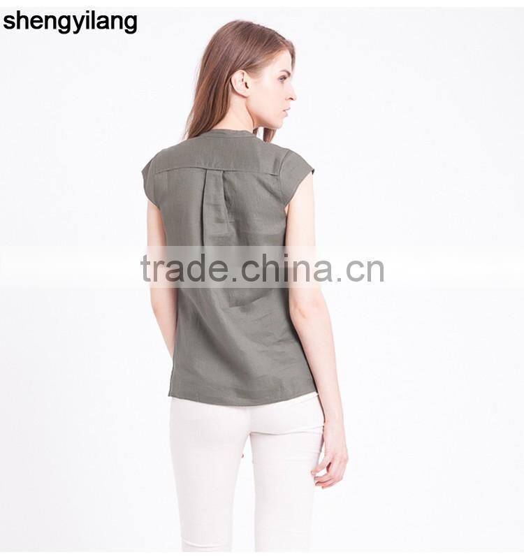 High quality blouse 100% linen shirts for women wholesale short-sleeved linen shirt in guangzhou