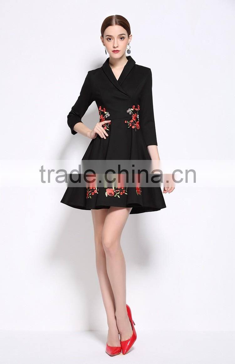 Ladies autumn/winter V neck 3/4 sleeve embroidered A-line dress