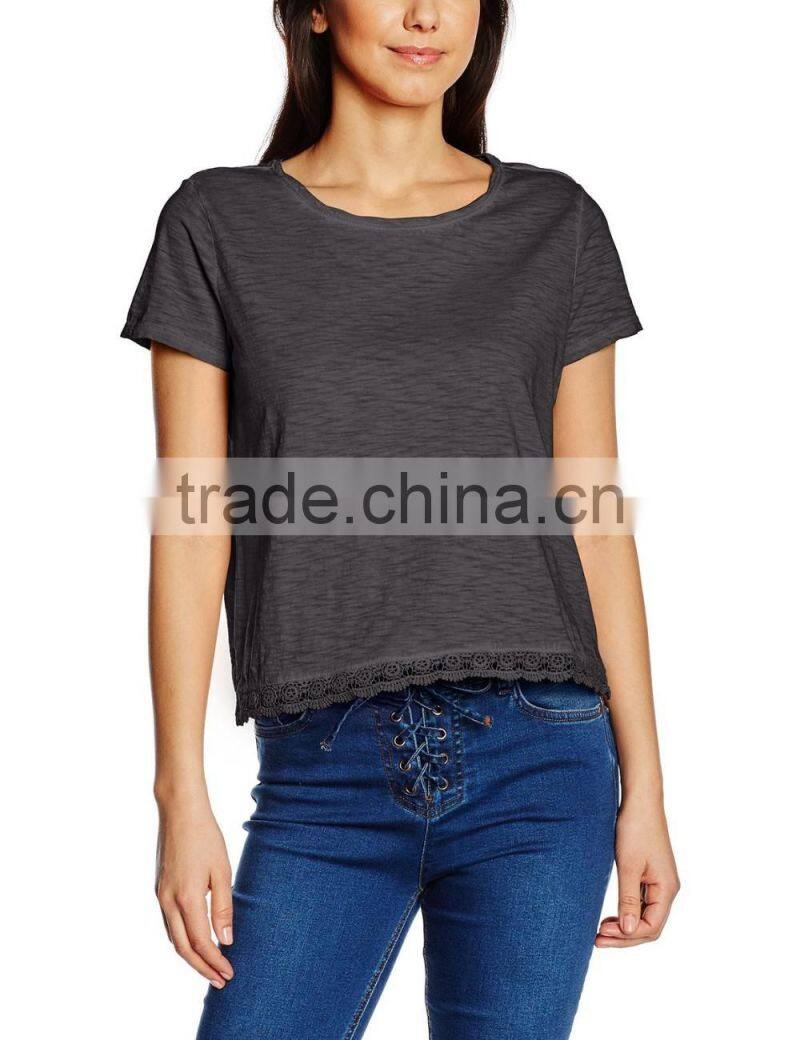 2016 Ladies thin O-neck blank t shirt with lace hem