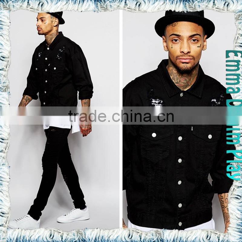 Hot Design Men Fashion Broken Holes Washed Long Sleeves Black Denim Jackets