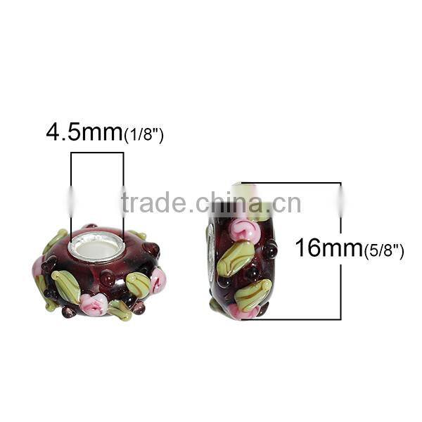 Custom Round Silver Tone Core Flower Leaves Purple European Style Large Hole Lampwork Glass Beads