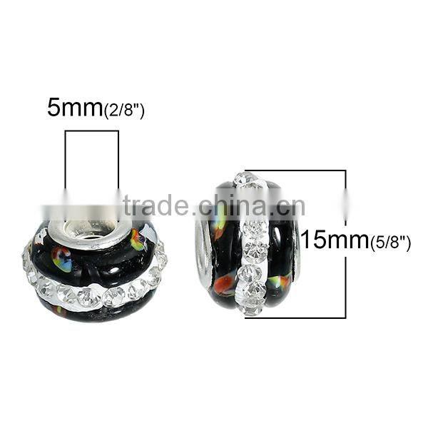 Lampwork Glass European Style Large Hole Charm Beads Round Silver Plated Core Black Clear Rhinestone