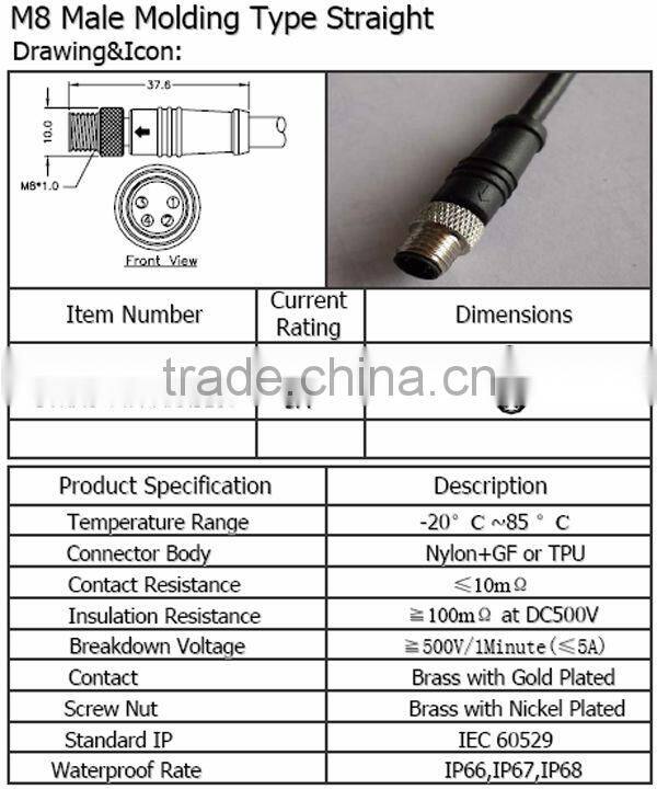 M8 Male Molding Type Straight Waterproof Connector