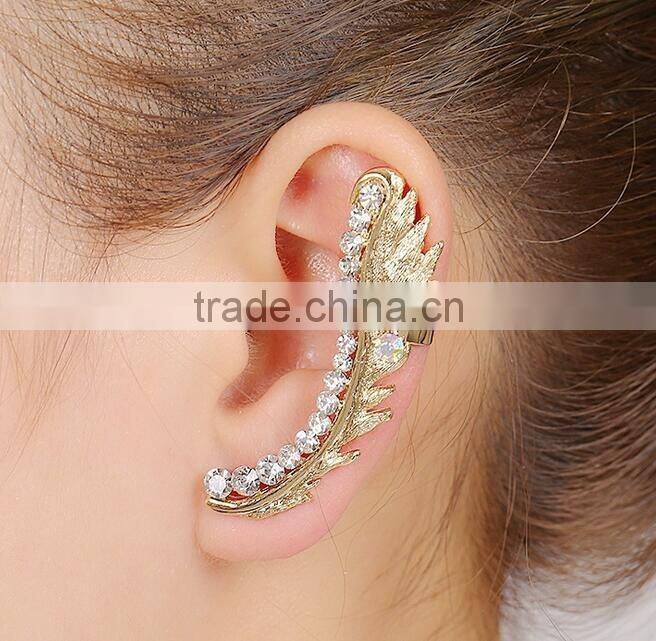 Rhinestone Crystal Father Leaf Earrings Cuff Metal Ear Wrap
