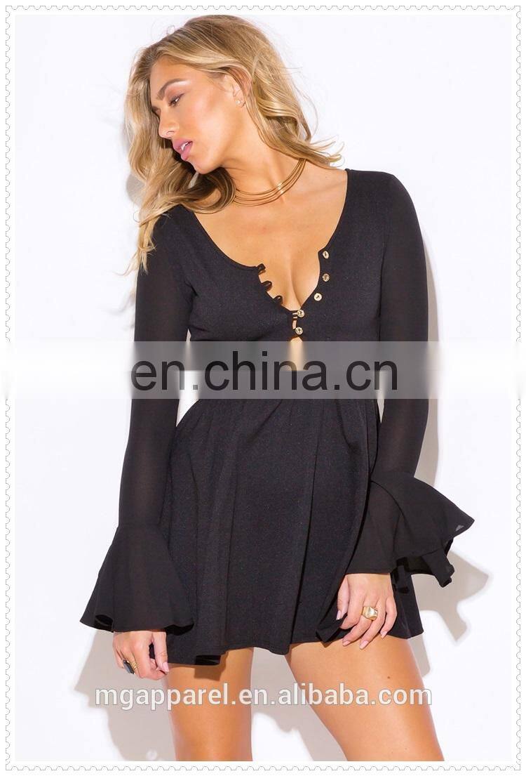 Black ruffle V neck party dress with long bell sleeve