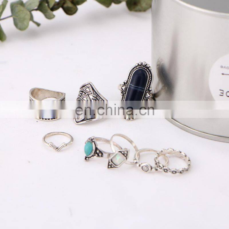 8 Pcs/set New Gold Retro Vintage Women Lady Gemstone Turquoise Jewelry Punk Rings Sets