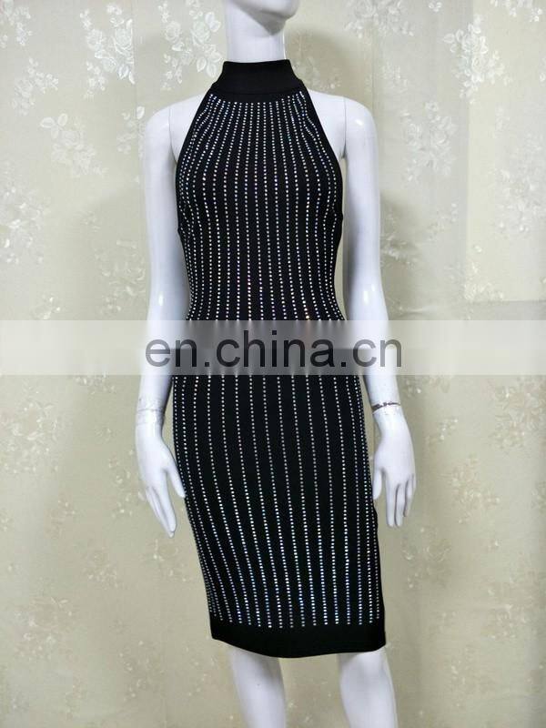 Amigo 2017 new design sexy black 100% cotton halter slit full hot-fix rhinestone evening dresses for ladis party wear