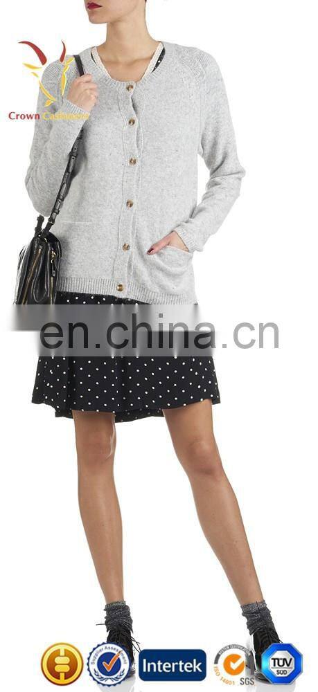 Women winter gery pure cashmere cardigan round neck sweater