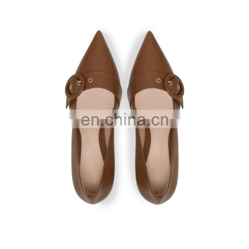 Women beautiful brown color design new heel design with fancy ring style buckle pointed toe heels ladies sandals shoes