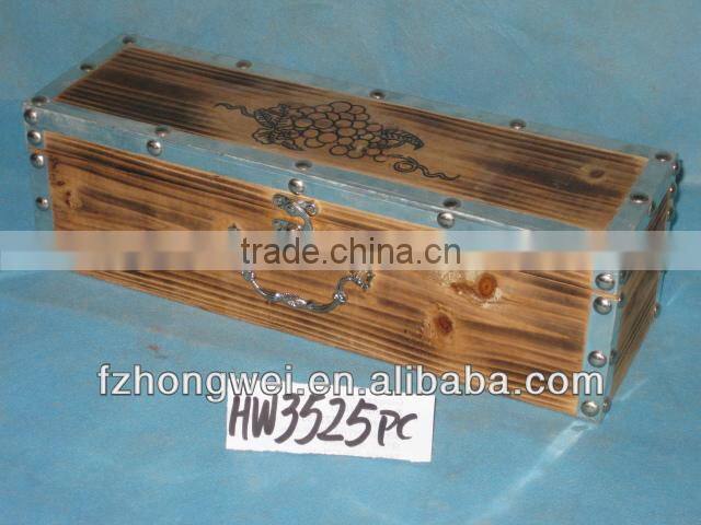 Hongwei Handmade Antique Primitive Brown Wooden Wine Box/Wine Case with Hemp Rope/Metal Handle for 1 Bottle,Durable,High Quality