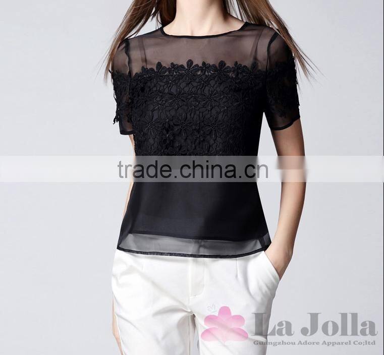 2016 Summer Fashion Lady Lace embroidered Sexy Short sleeve t-shirt 157