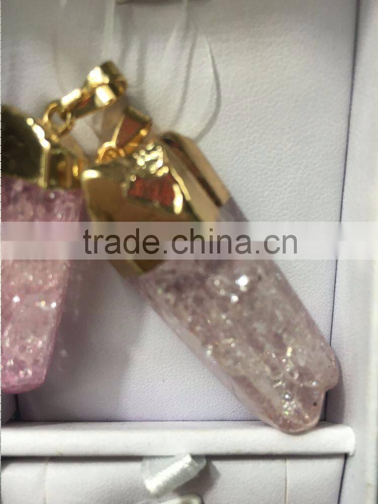 2016 Gold Covering Crack Crystal Pendant Necklace Aquamarine Citrine Rose Quartz Clear Green Natural Crystal Necklace For Women