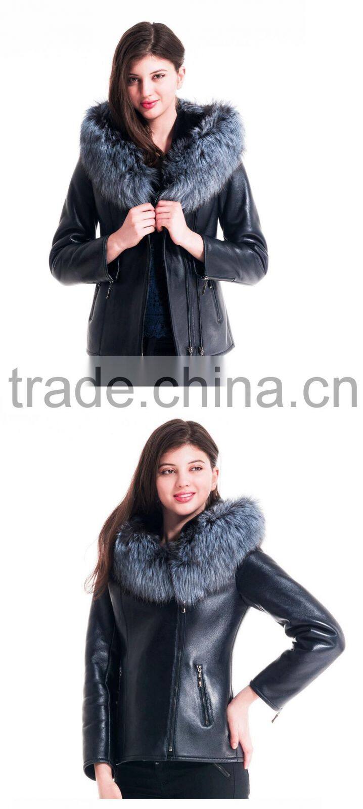 2015 Winter Women Plus Short Leather Jackets With Silver Fox Hat Fur Coat