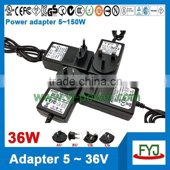 wall plug ac dc adapter 36v 1a 36w with EU US AU UK plug and approved CCC CE UL FCC GS C-TICK PSE SAA KC BS