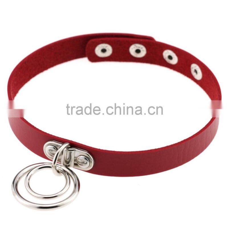 Fashion Handmade Punk Gothic Double O Shaped Metal Leather Button Jewelry Collar Choker Necklace