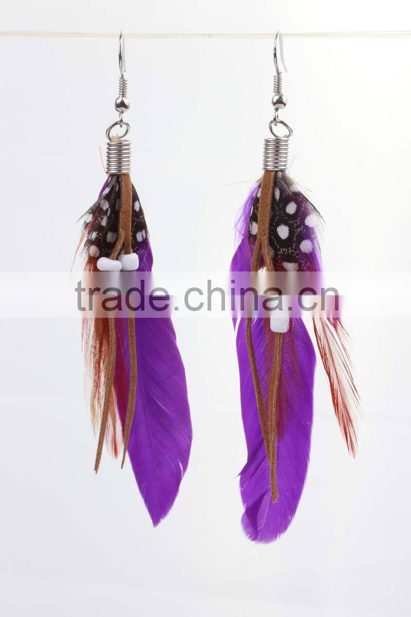 Neon color yellow Long cheap feather earring dangle drop earring for girls wholesale