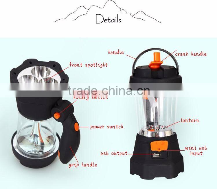 2016 Powerful Multi-modes 4 IN 1 Hand Crank High Brightness 3 LEDs Spotlight Camping Lantern
