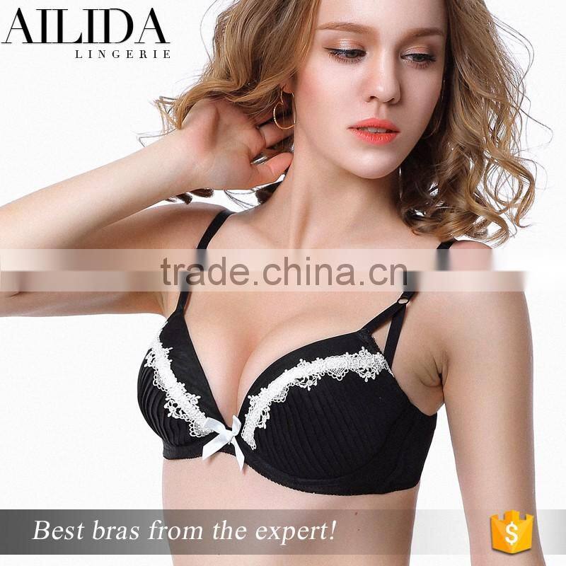 Black Ruffled Low Price Pretty Pattern Push Up Girl Sexy Bra