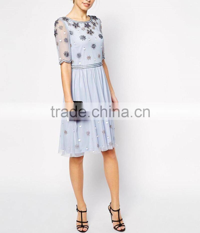 Elegant tulle fashion beaded light blue young girls casual dress