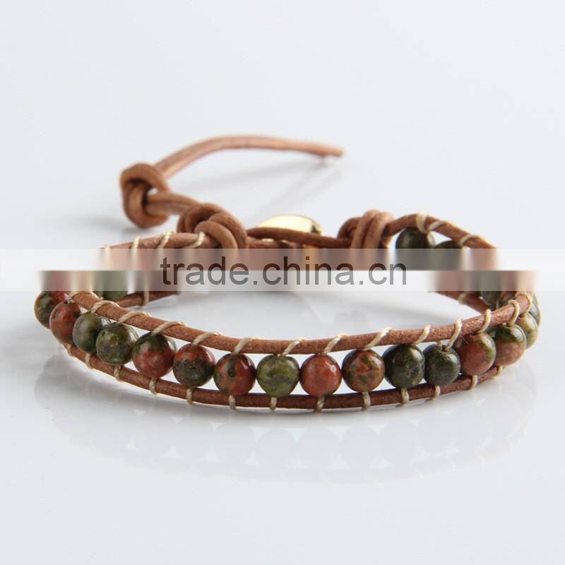 6mm green agate stone leather cord bracelet, latest design bangles and bracelet, special bracelet