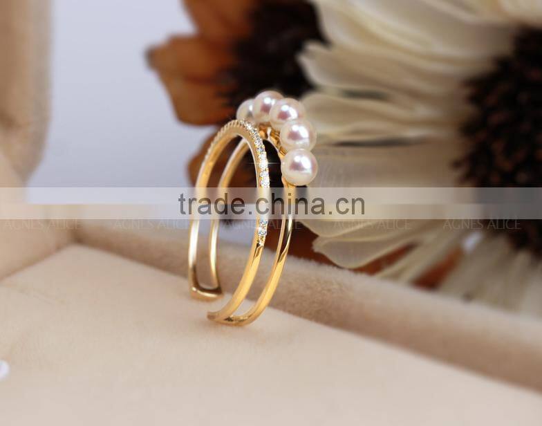 5.5-6mm AAA white natural akoya 14K gold pearl ring, pearl ring finger, pearl ring resizable