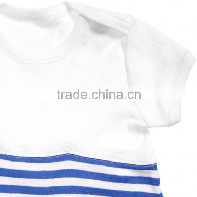 2014 new arrival cotton white plain shirt and blue striped shorts 2 pieces baby romper suit