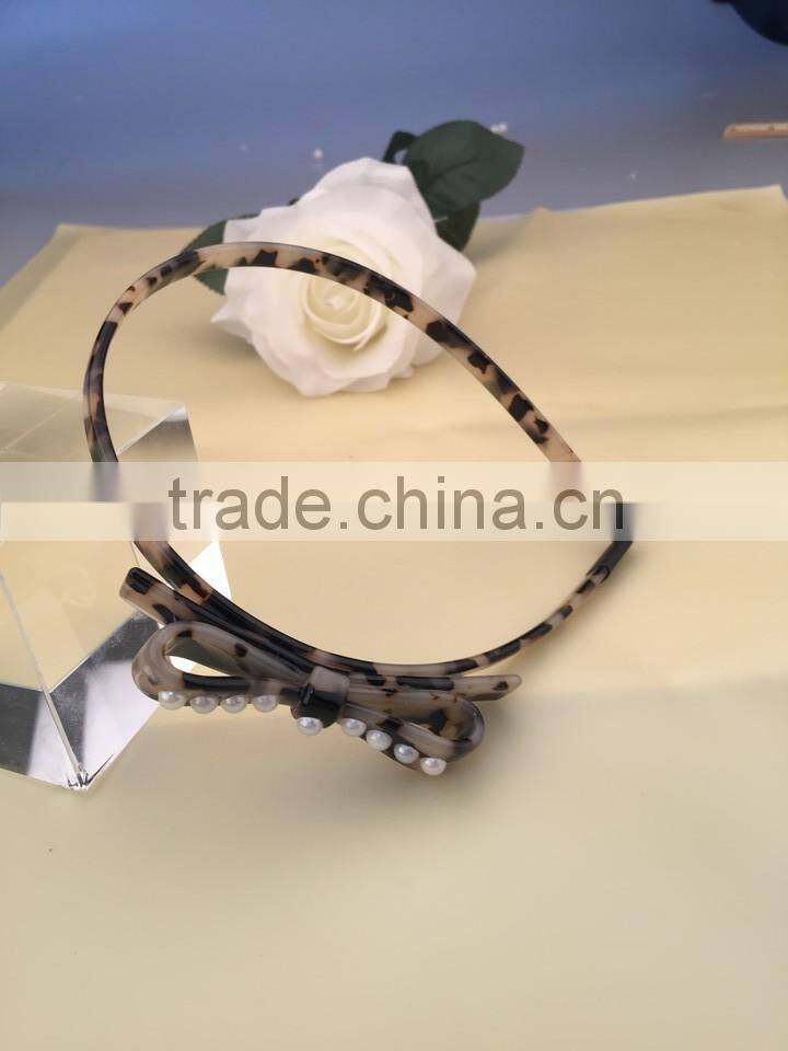 Eco-friendly cellulose acetate bow headband customize Fancy hand band with round pearl decorative for ladies girls career women
