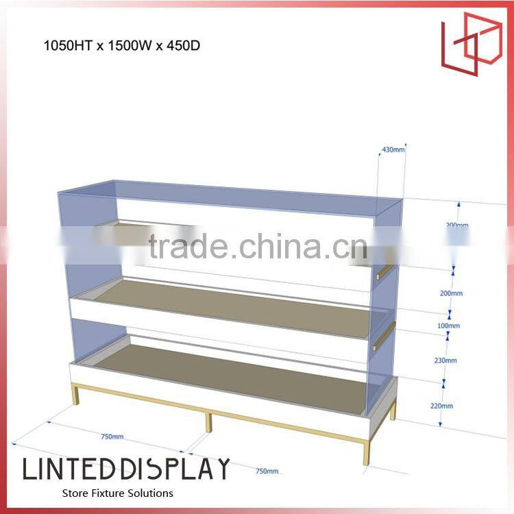 Store wall showcase design with glass shelf display rack for shopping mall