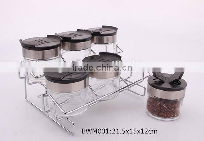 6pcs glass spice jar set with plastic lid in a metal rack