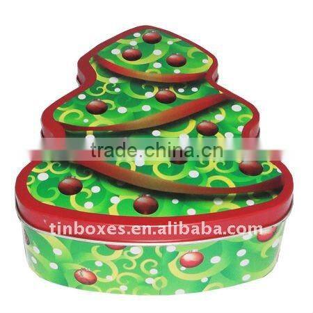 Christmas tree shaped tin box