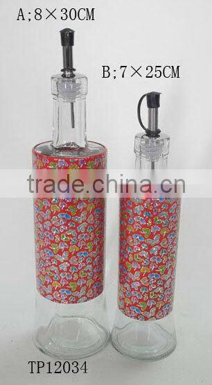 metal coating cylinder glass oil vinegar bottle with design