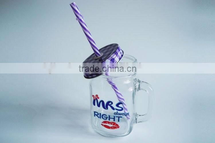 450ml glass drinking mug with tin lid and plastic straw