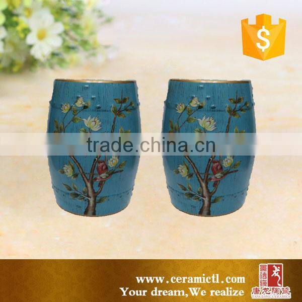 Porcelain round garden stool Cobalt blue painted ceramic stool