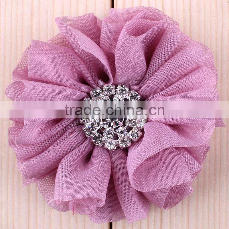 fabric chiffon flower with rhinestone center for kids hair accessories