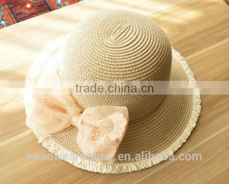 Summer Fashion Lace Bowknot Sun Protection Straw Hats China Factory