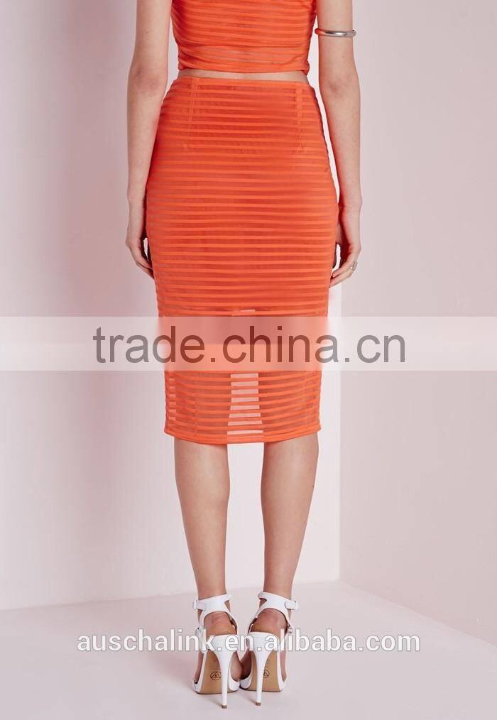 high quality new design lady stripe mesh midi skirt