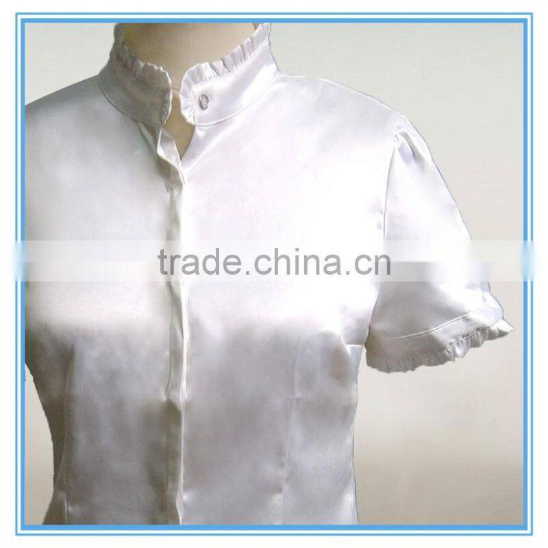 New Design Stand Collar Short Sleeve White Shirt For Women