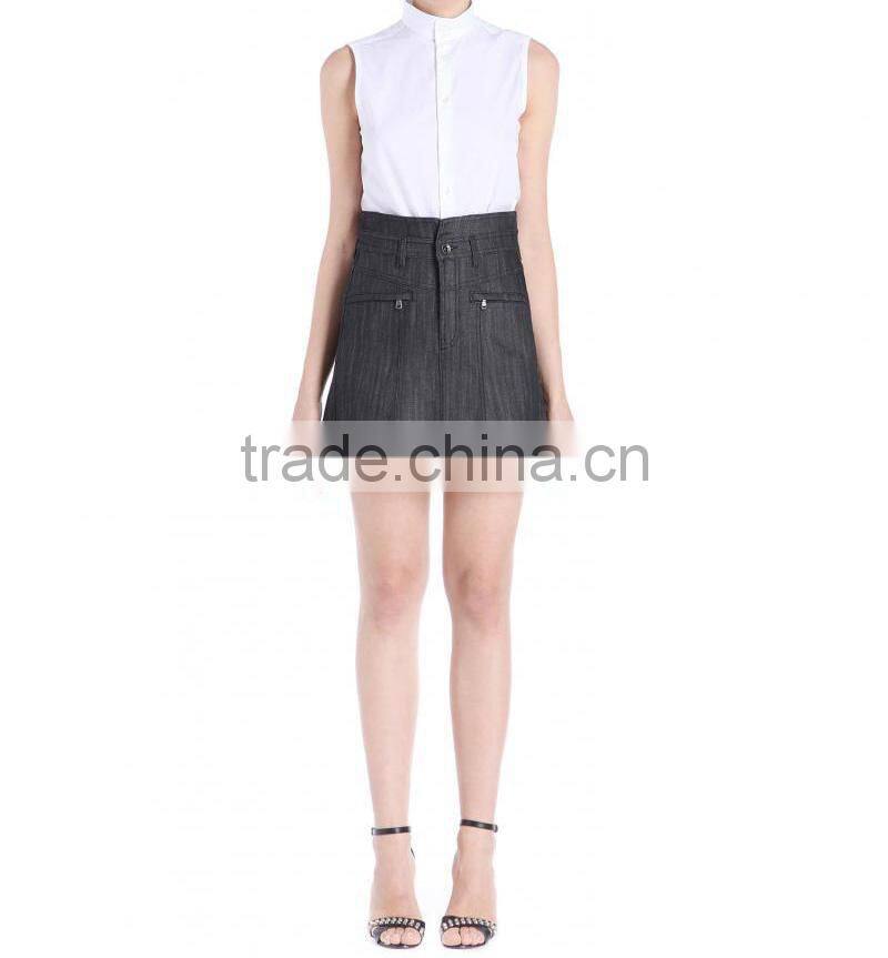 Latest stretch raw black denim high waisted flared skirt a line short skirts for women