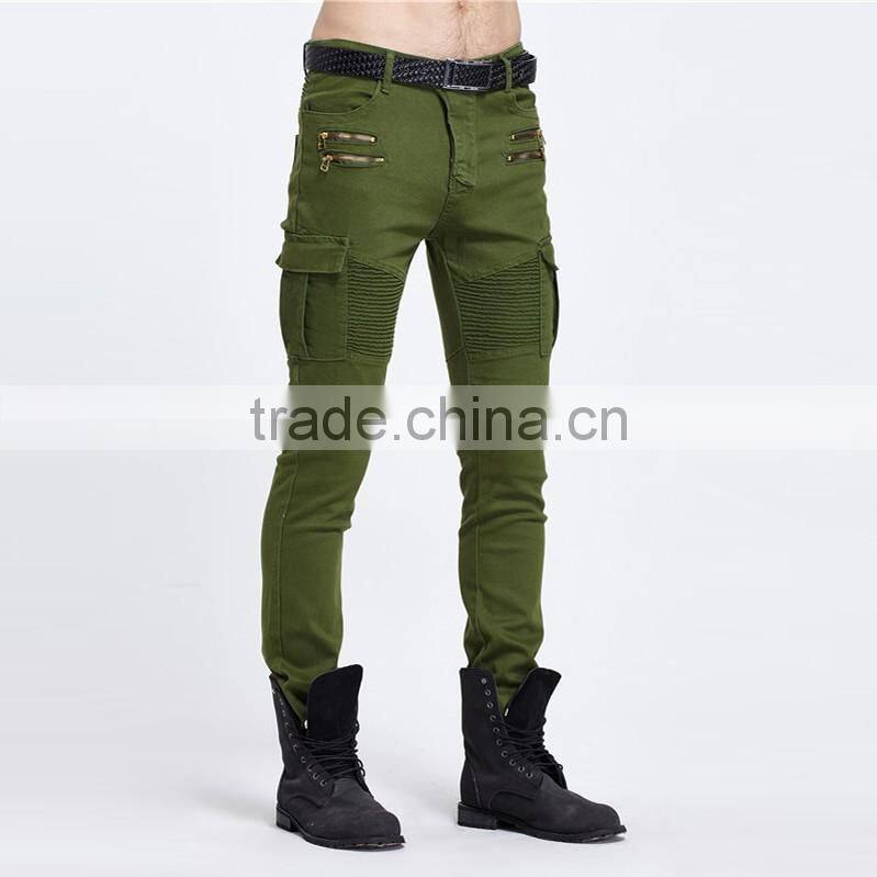 2016 new brand men's fashion jeans green jeans male personality folds comfortable hotsale biker jeans