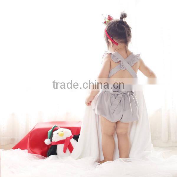 Boutique Flutter Sleeve Blue Girls Solid Color Cotton Jumpsuit Ruffle Baby Romper