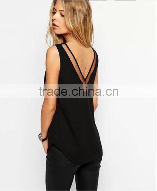 European and American style solid color V-neck blouses stitching gauze halter T-shirt Tank top women