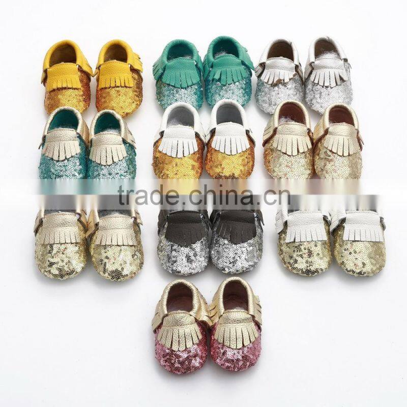 Multicolor sequin fringed leather baby moccasins, sequin baby moccasin