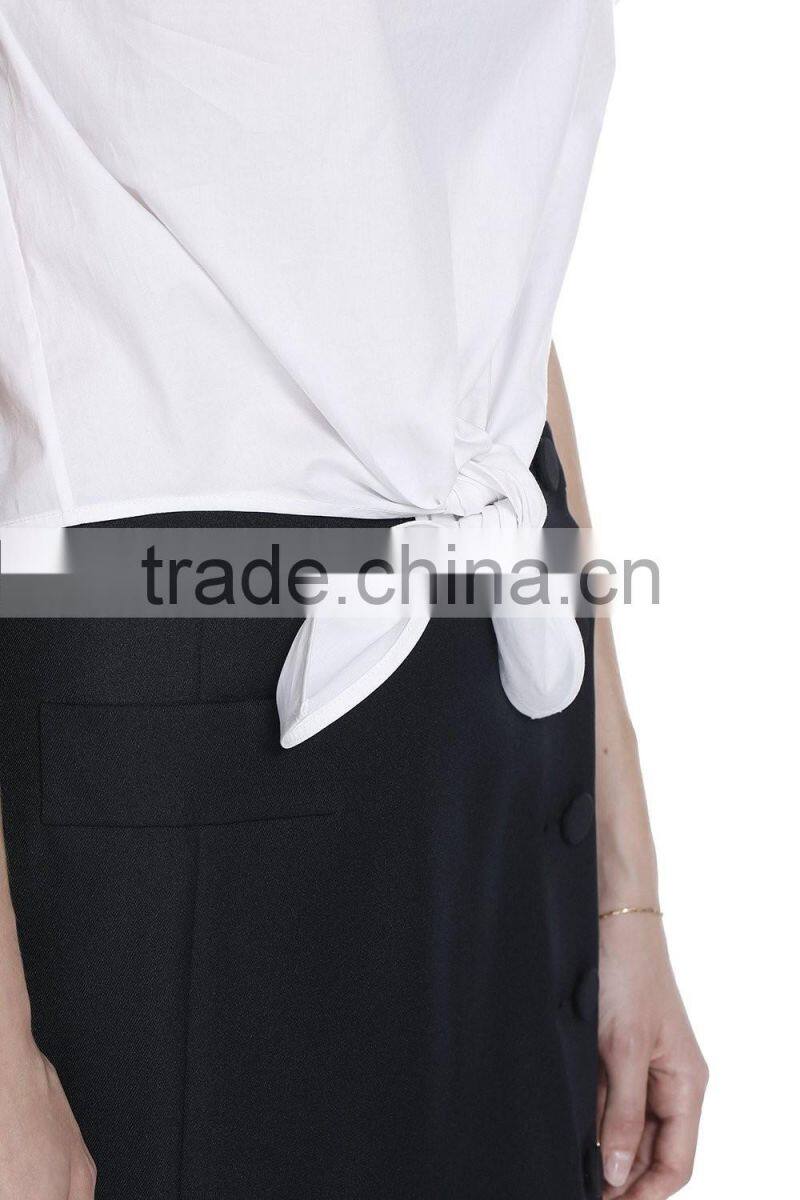 Ladies white shoulder snap button short sleeve woven t shirt with front bow
