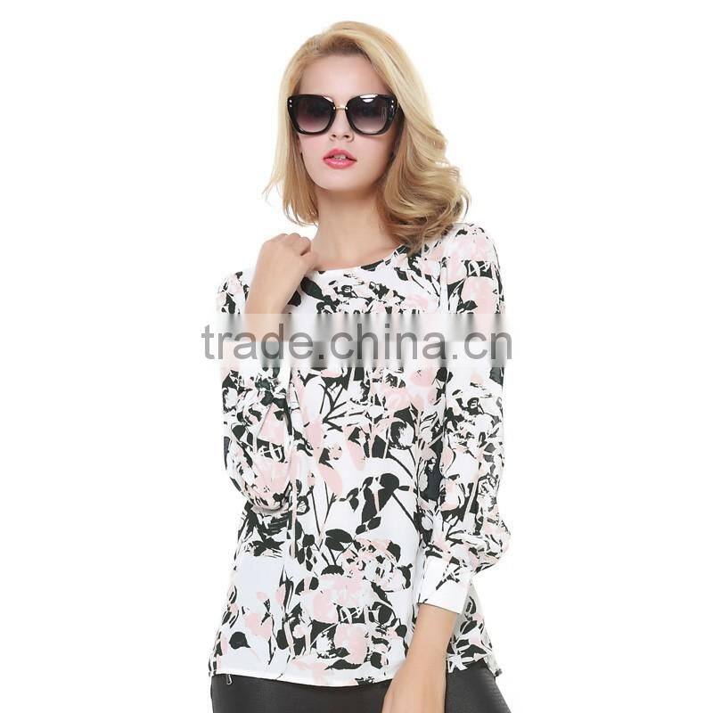 Women's autumn new style back split ink printing leaves pattern long sleeve chiffon shirt