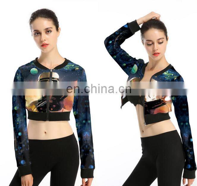 Women fashion printing pattern polyester jacket cool long slevee zipper jacket for women