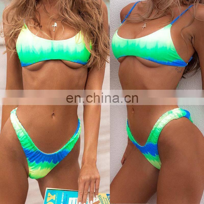 Micro bikini thong sexy swimsuit print triangle bikini tied dye swimwear strappy swimsuits neon green print bikinis 2019 women