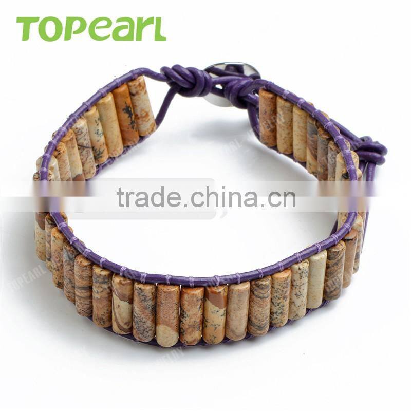 Topearl Jewelry Picture Jasper Fashion Bracelet Woven Leather Wrap Bangle 7.5 Inches CLL124
