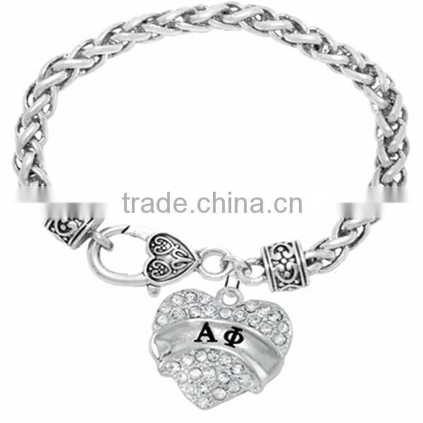 Genuine Austrian Clear Crystal "Alpha Phi" Greek Sorority Heart Charm Chain Link Bracelet