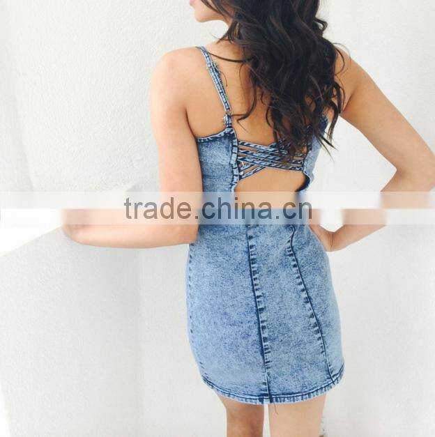 Hot Sale Summer Adjustable Strap Denim Dress Slim body Fit Dresses For Girls