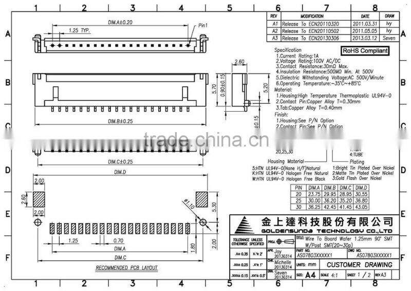 1.25mm pitch 20, 25, 30 Pin Available SMT Wire to Board 30 Pin Connector